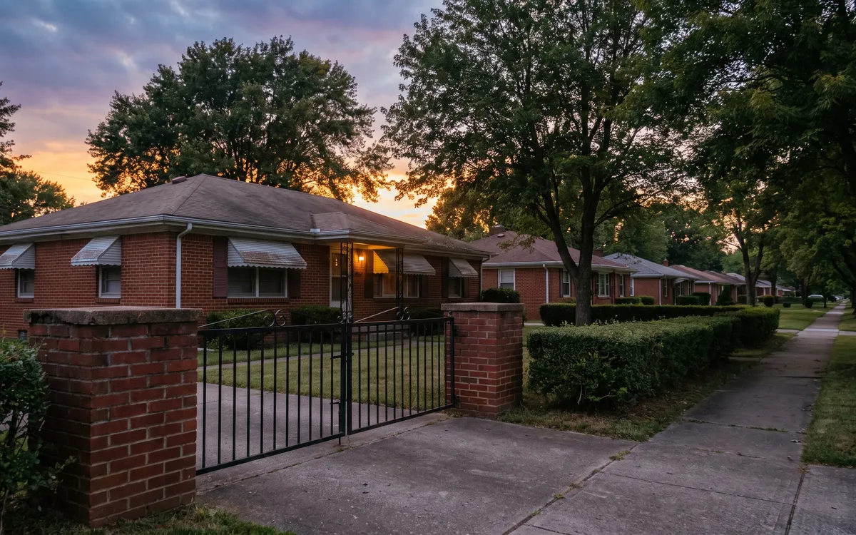 Black iron gate between low brick pillars fronting a postwar hip roof brick ranch with metal window awnings in Dearborn Heights at dusk