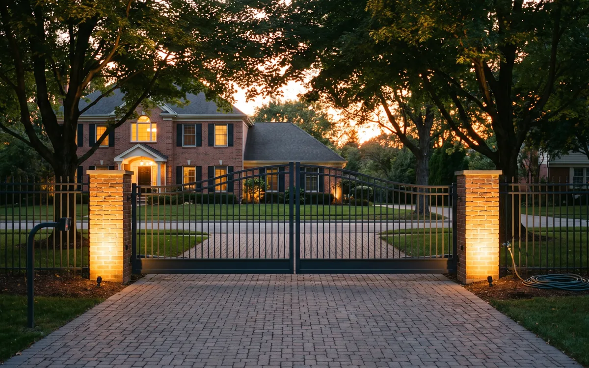 Charcoal picket driveway gate with uplit brick pillars fronting a Farmington Hills executive colonial home at dusk