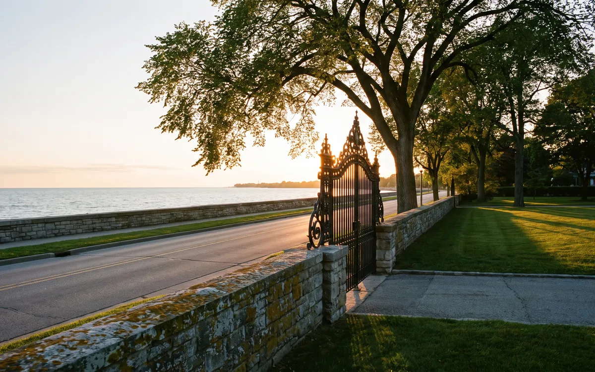 Ornate iron estate gate in a low stone wall along a lakefront boulevard with open lake water beyond in Grosse Pointe Farms at golden hour