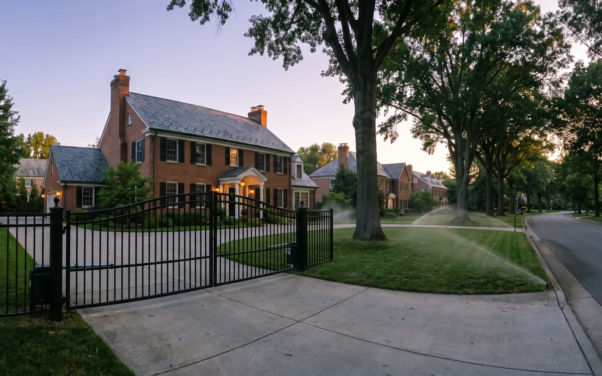 Arched black iron driveway gate fronting a brick colonial with sprinklers misting the lawn on a Grosse Pointe Woods street at dusk