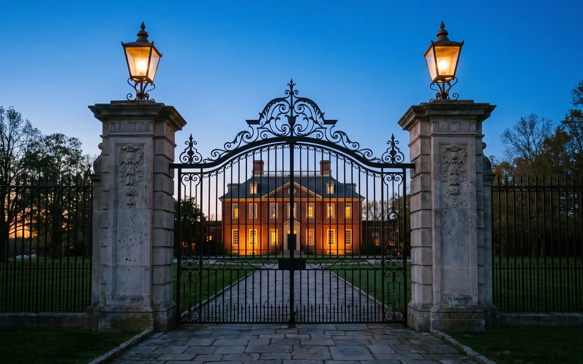 Grand symmetric wrought iron mansion gates between lantern topped limestone pillars framing a lit Georgian brick mansion in Grosse Pointe at blue hour