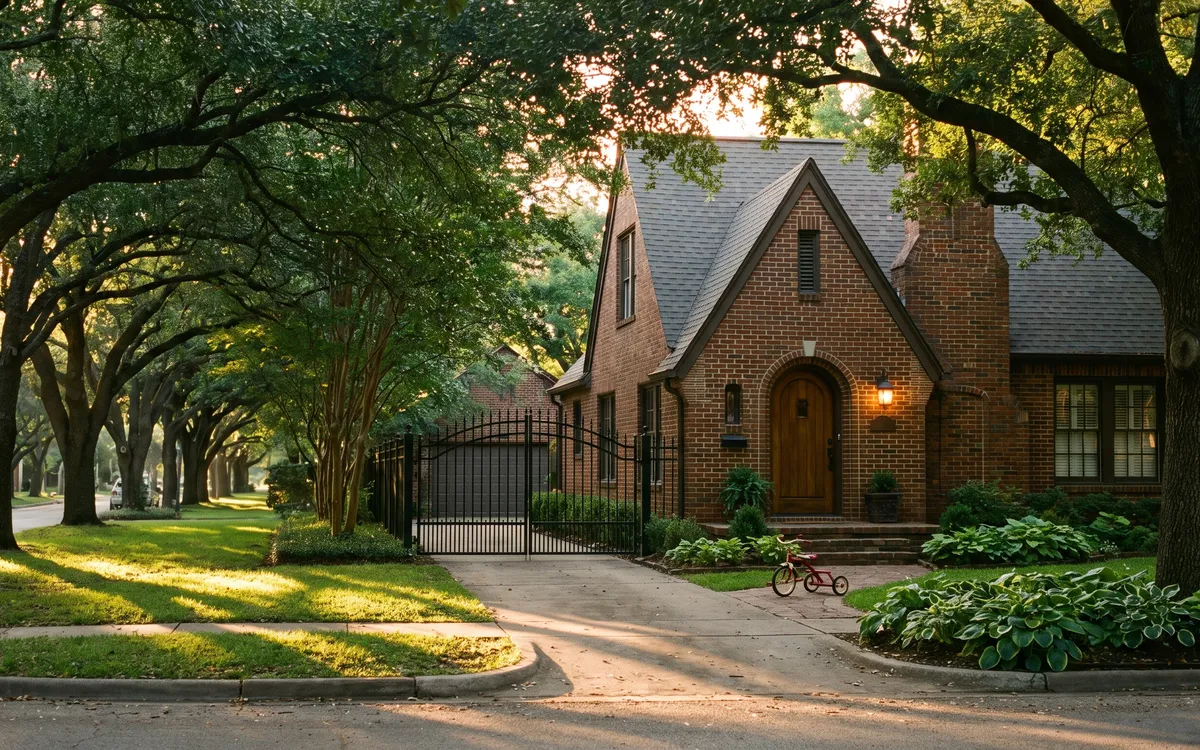 Arched black iron gate beside a brick tudor bungalow with a tricycle on the walk under an oak canopy in Huntington Woods at dusk