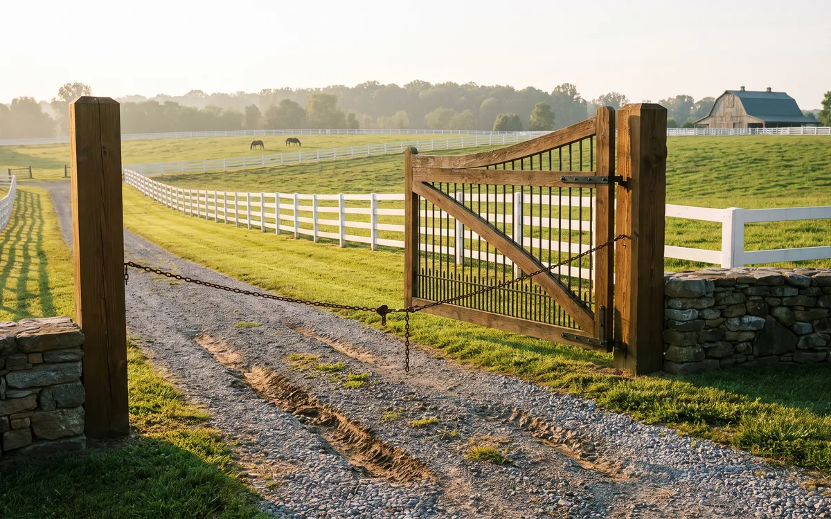 Timber and iron farm gate with a latch chain across a gravel drive amid white board fences and grazing horses in Northville at golden hour