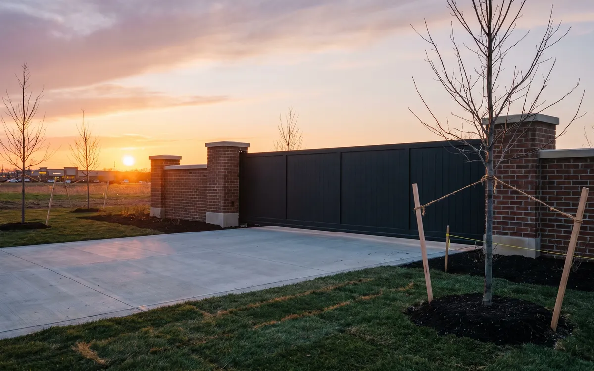 Charcoal aluminum slide gate between new brick monument piers at a Novi subdivision entrance with staked young trees at sunset