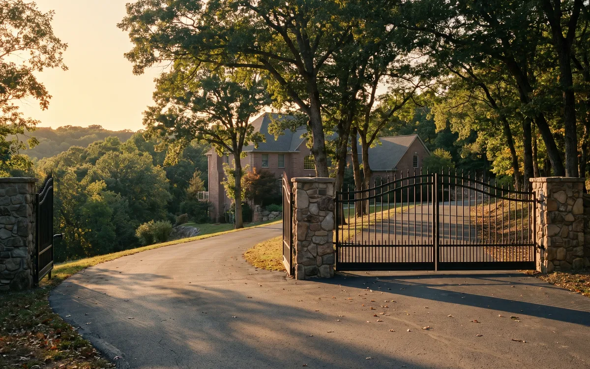 Black wrought iron double gate between fieldstone pillars on a wooded Rochester Hills estate drive at golden dusk
