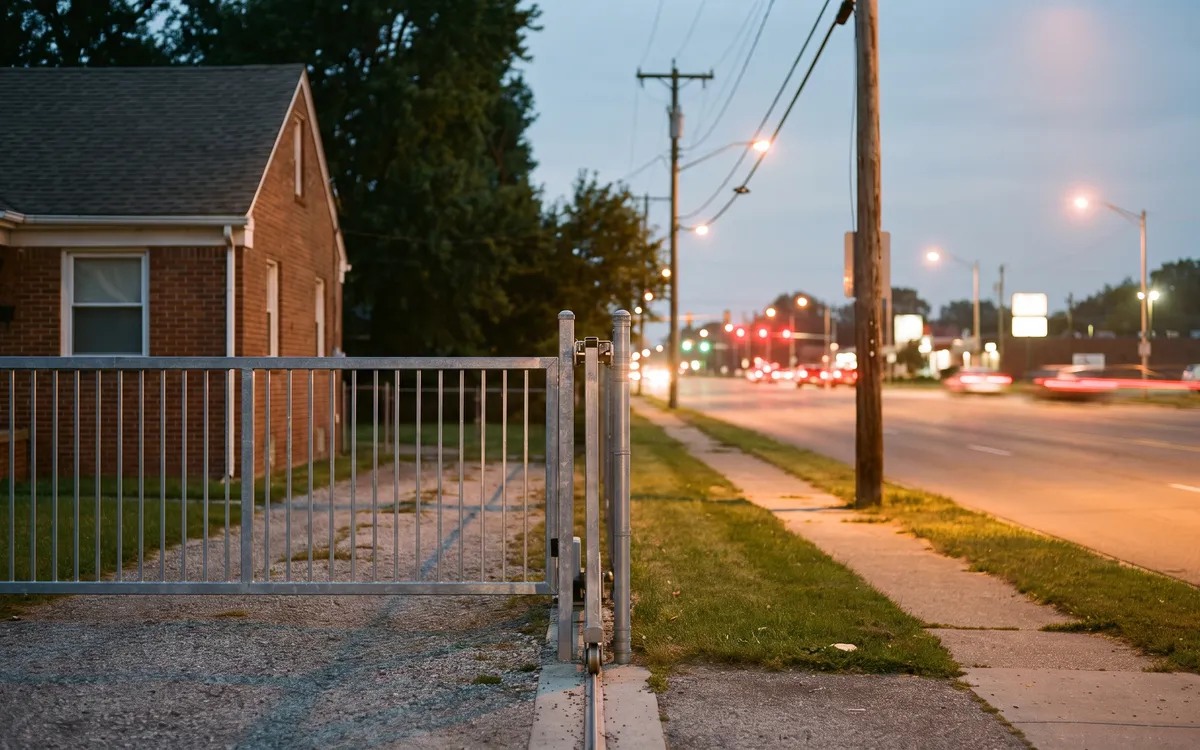 Galvanized slide gate across a brick house driveway beside the evening glow of a wide commercial avenue in Roseville
