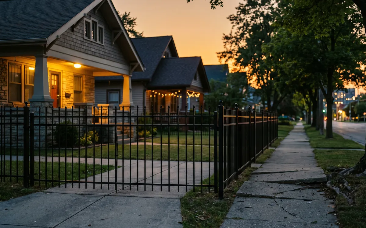 Low spear top iron gate beside a craftsman bungalow with a glowing porch light on a leafy Royal Oak street at dusk