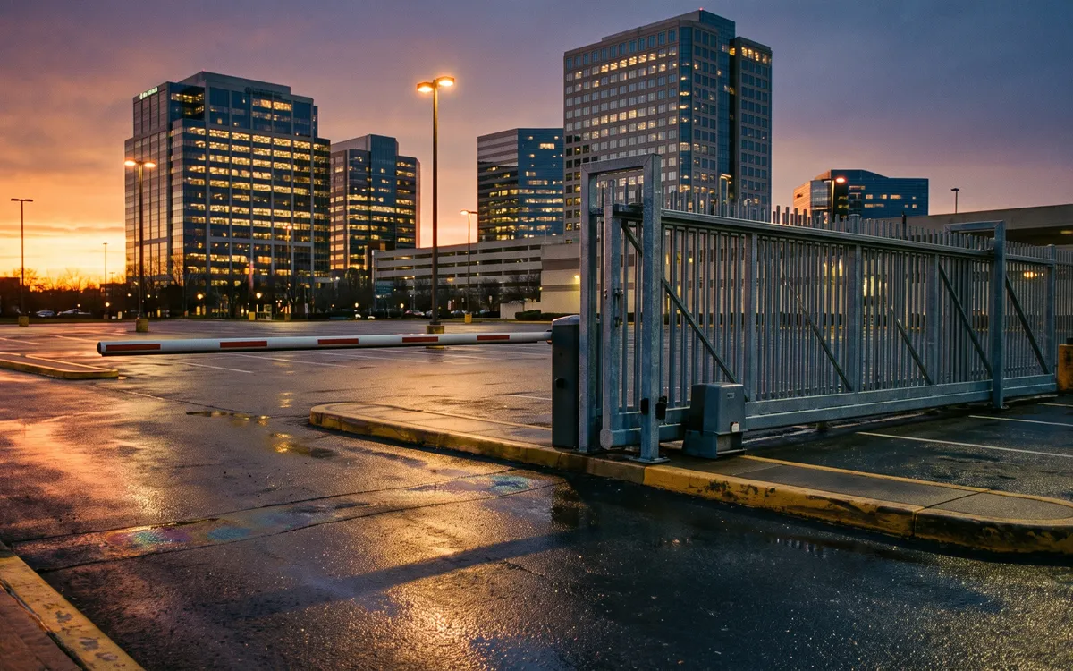Galvanized cantilever gate and barrier arm at a wet commercial parking lot entrance with Southfield office towers at dusk