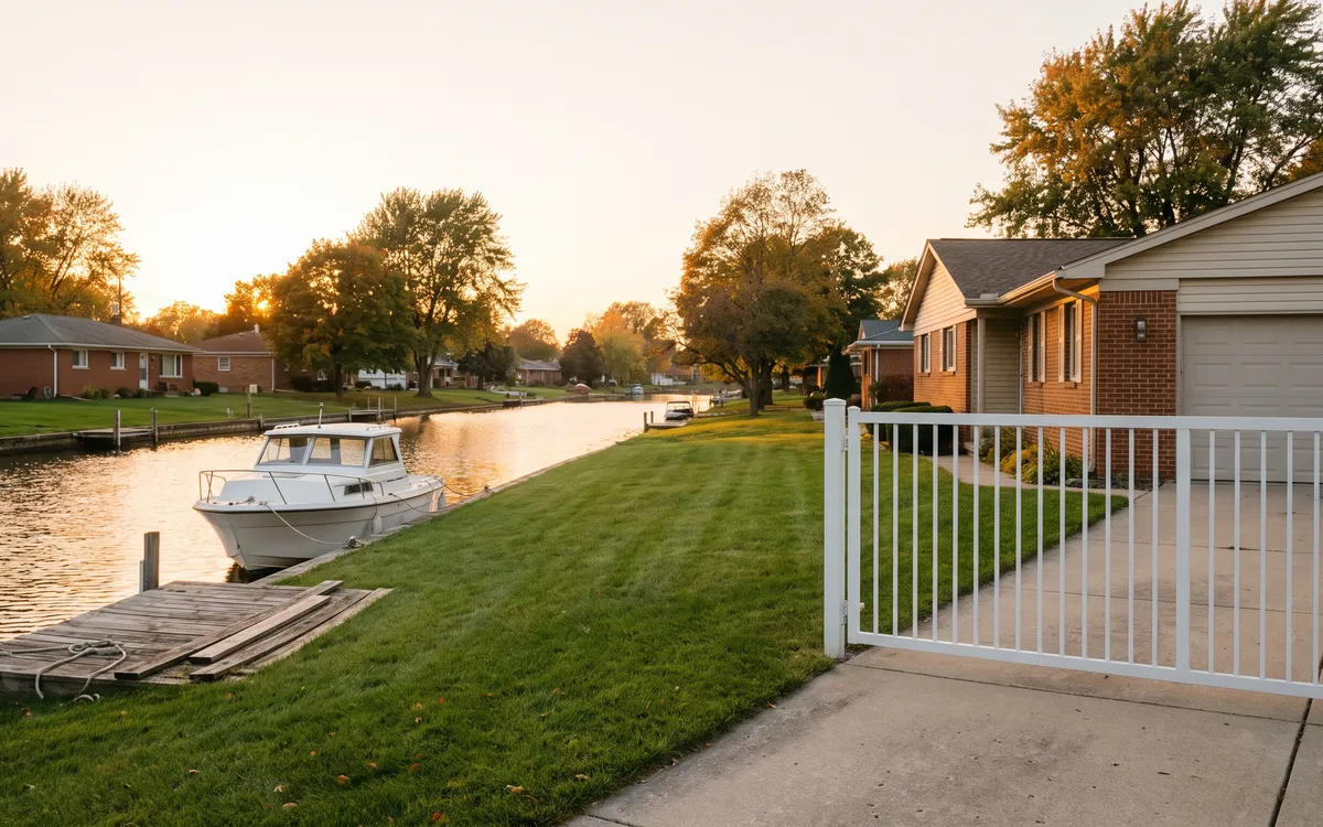 White aluminum driveway gate beside a canal front brick ranch with a cabin cruiser moored to a weathered dock in St. Clair Shores at dusk