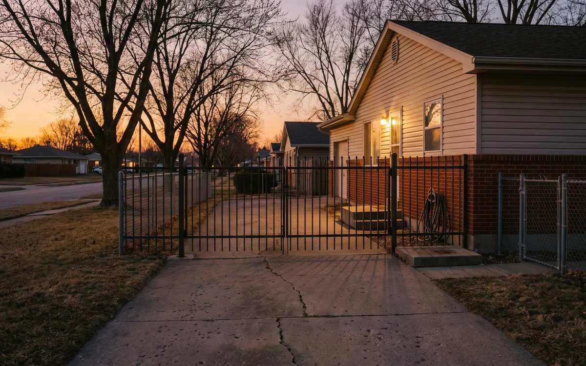 Plain welded steel picket gate across the drive of a modest ranch home with chain link fencing in Taylor at dusk