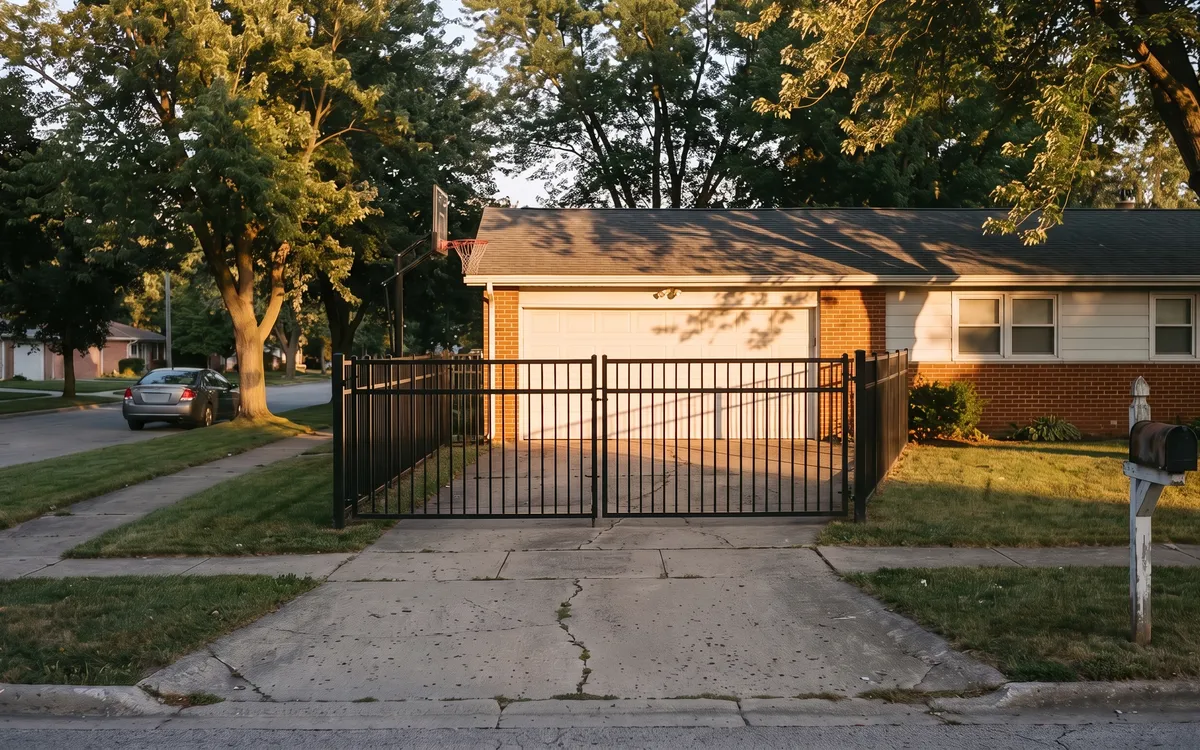Simple black steel swing gate across the concrete drive of a brick ranch home with a basketball hoop in Westland at golden dusk