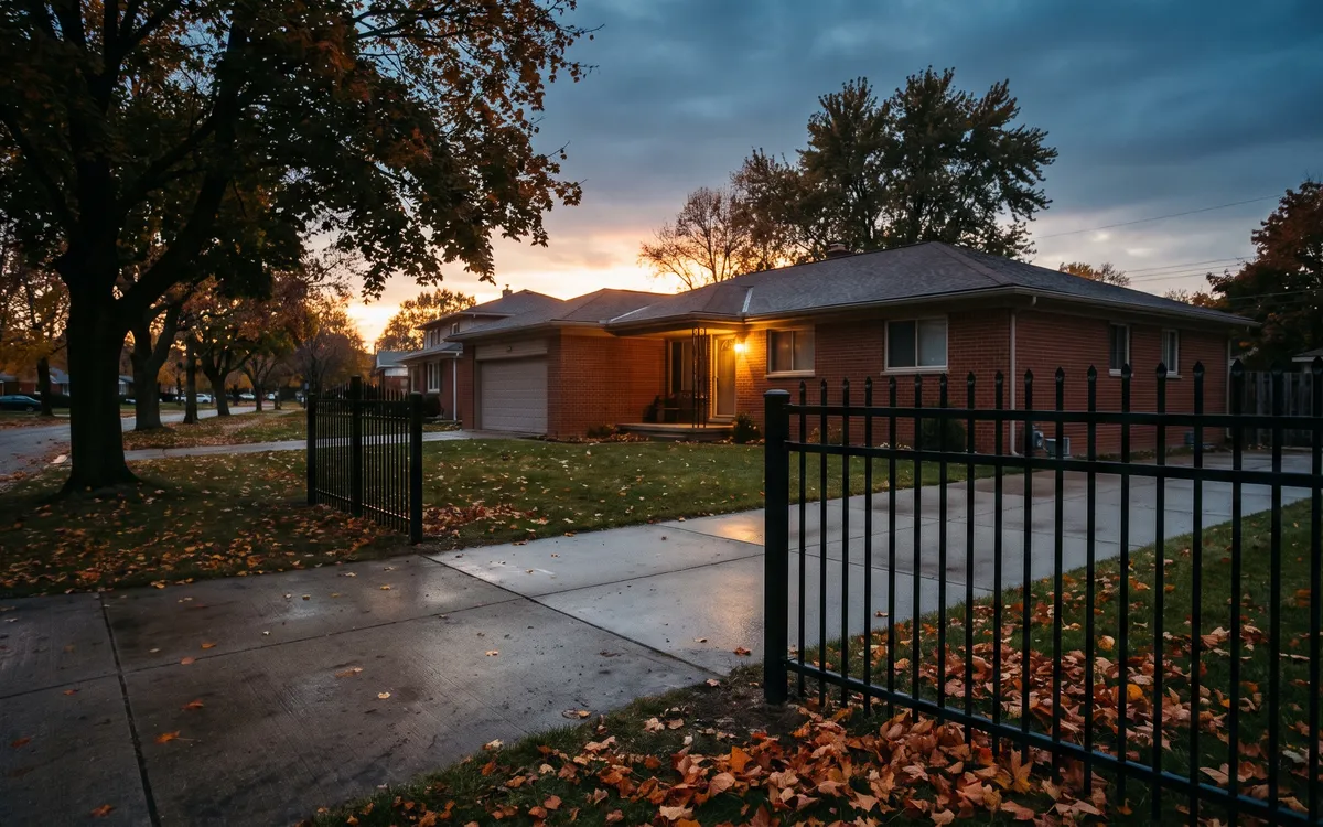 Brick ranch home in Livonia behind a simple new iron driveway gate on a maple lined street at dusk with fallen leaves