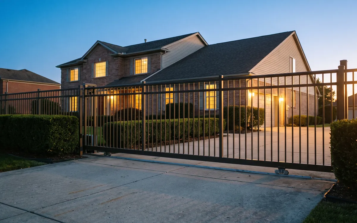 Suburban colonial home in Sterling Heights with a dark picket slide gate drawn across its wide concrete driveway at dusk