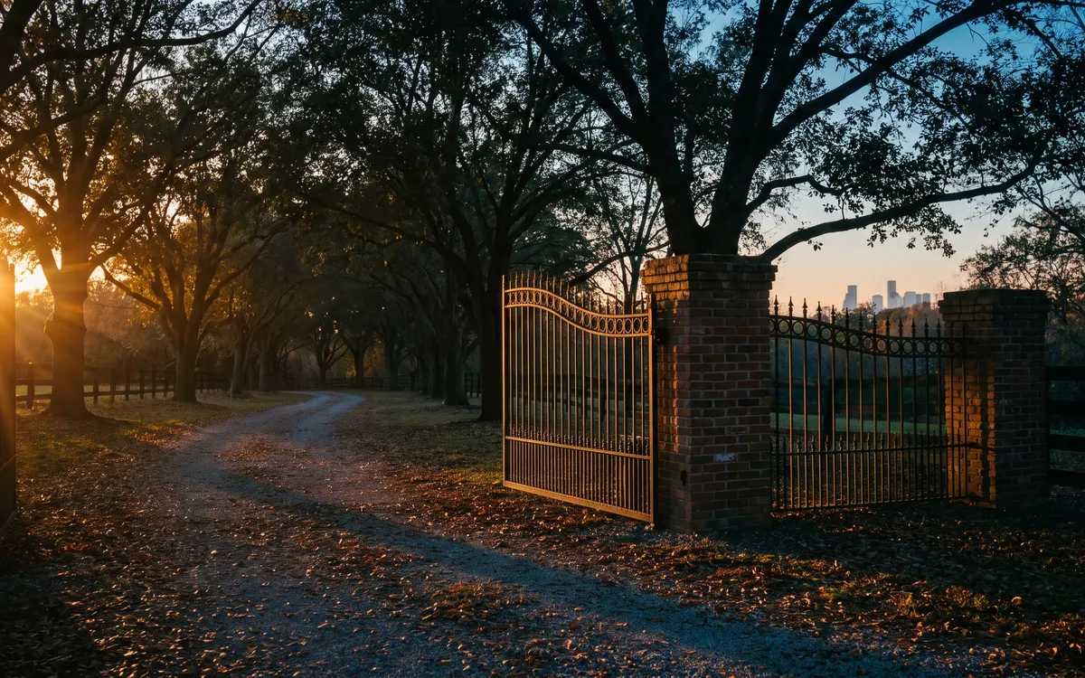 Iron estate gate with brick pillars on a wooded Troy drive at golden hour with a faint skyline haze beyond the trees
