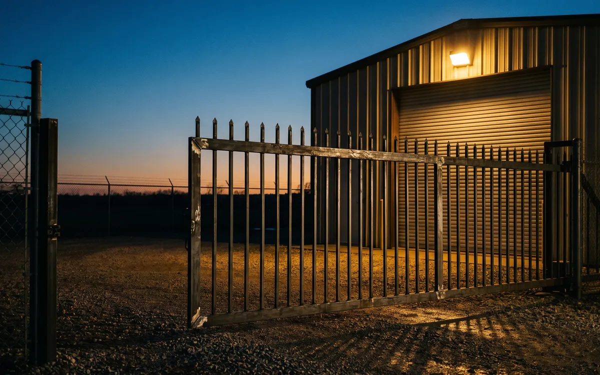 Welded steel picket gate guarding a small Warren industrial yard at dusk under a warm wall light
