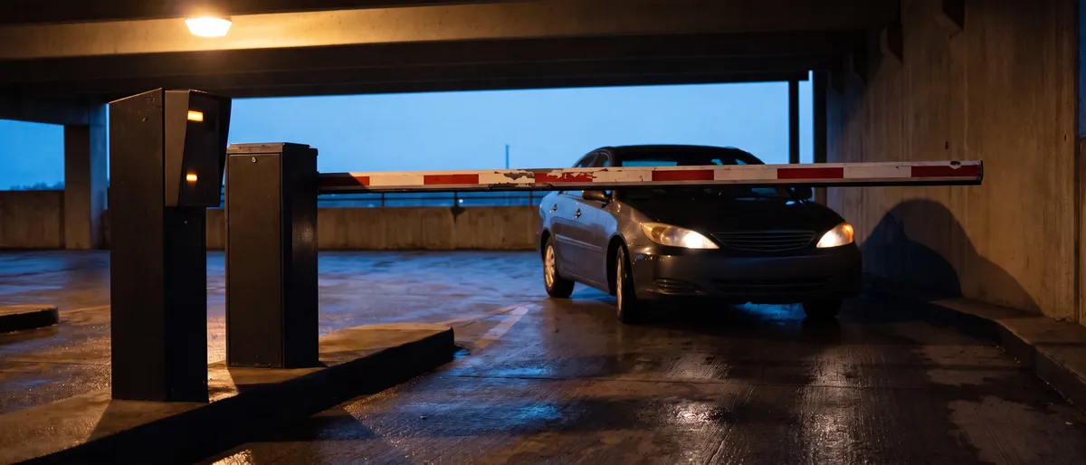 Red and white boom barrier arm lowered across a parking garage entry lane at dusk with a sedan waiting behind it, headlights on the wet concrete