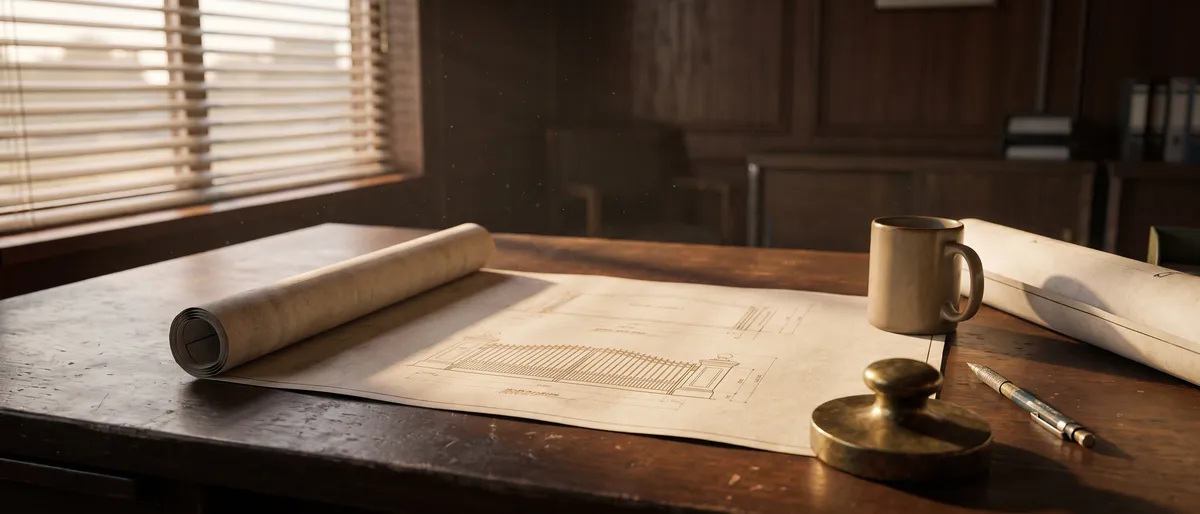 Rolled and unrolled gate elevation drawings on a wooden desk in warm afternoon light with a brass stamp and coffee mug, all markings unreadable