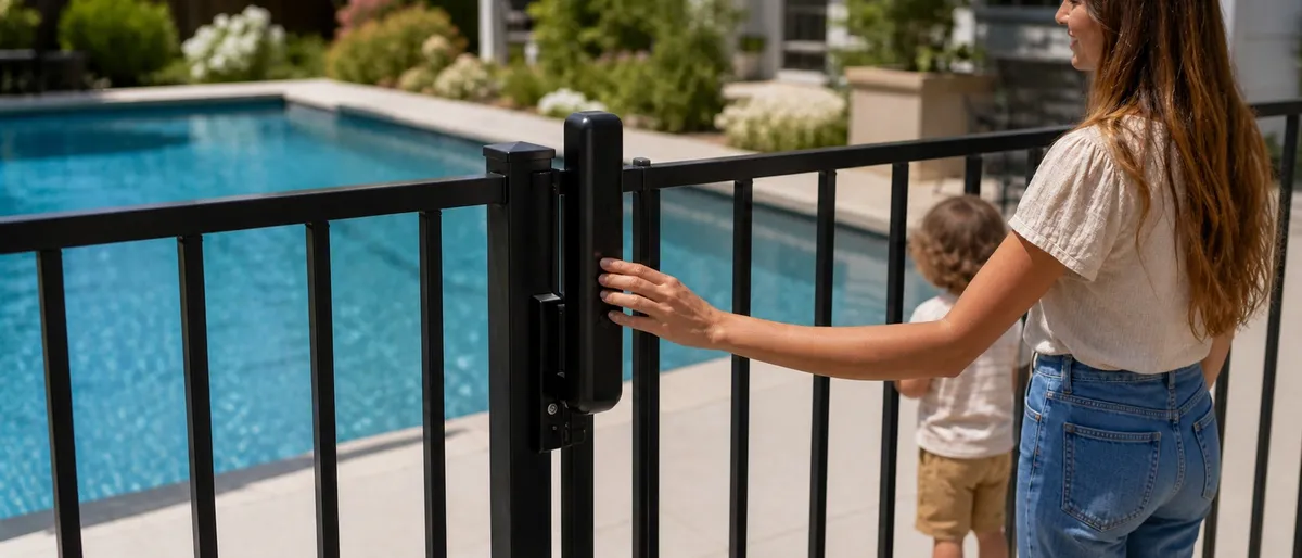 Mother demonstrating a self-latching pool safety gate beside a sunny backyard pool