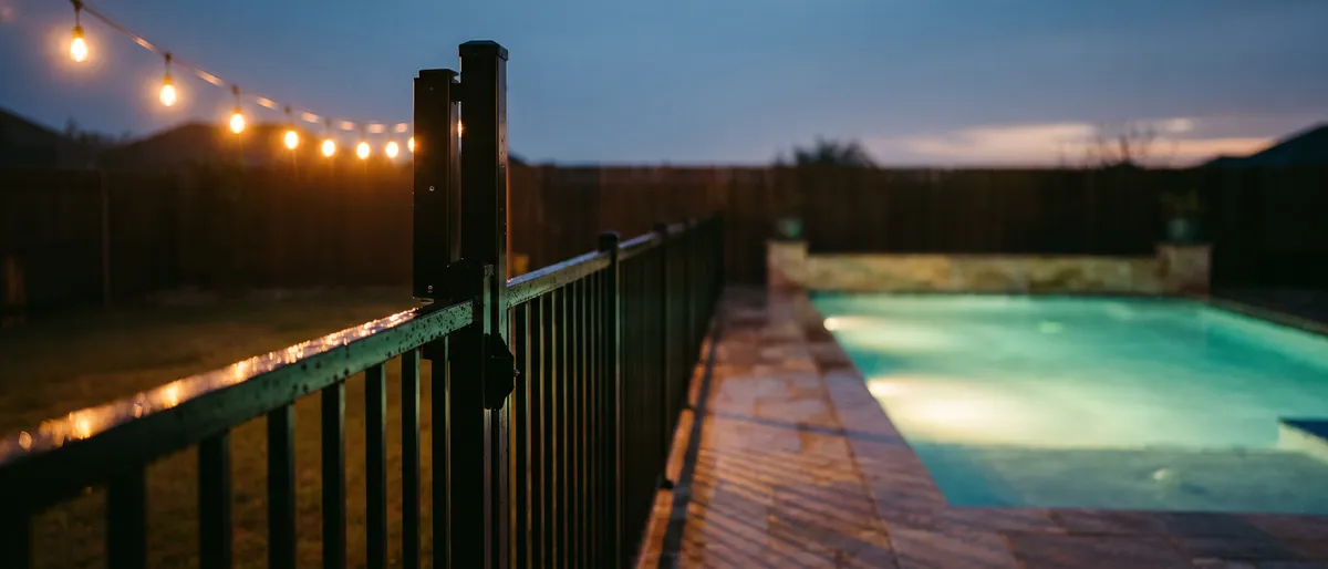 Black aluminum pool safety gate with a tall self latching lock beside a backyard pool glowing at dusk under string lights