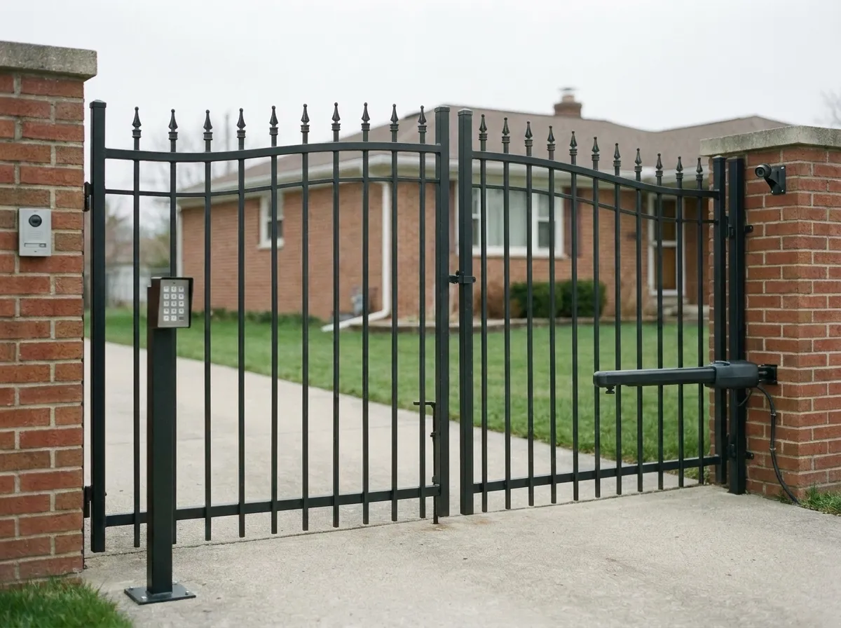 An iron driveway gate fitted with a smart operator arm, keypad pedestal, intercom, and camera after a retrofit