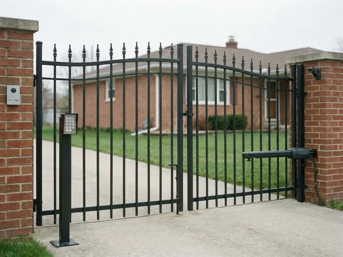 The same iron swing gate fitted with an operator arm, keypad pedestal, intercom, and camera after a smart retrofit