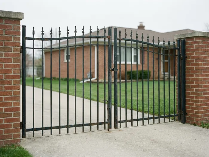 Plain existing iron swing gate between brick pillars on a suburban driveway in flat daylight with no automation hardware