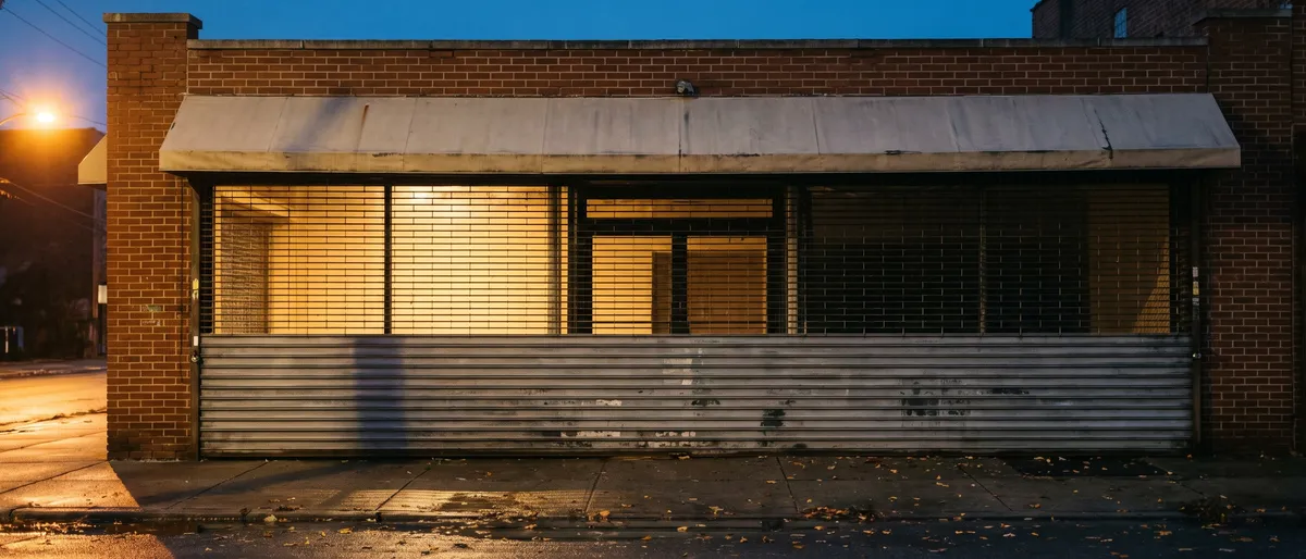 Storefront roll up security gate lowered halfway across a brick shopfront at dusk with warm light spilling under the curtain onto the wet sidewalk