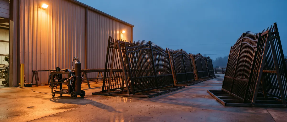 Rows of finished iron gate panels racked in steel A frames outside a fabrication workshop at dusk under warm wall lights