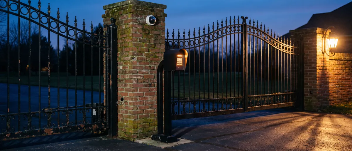 Older wrought iron driveway gate at dusk fitted with a new amber backlit keypad pedestal and a small dome camera on the brick pillar