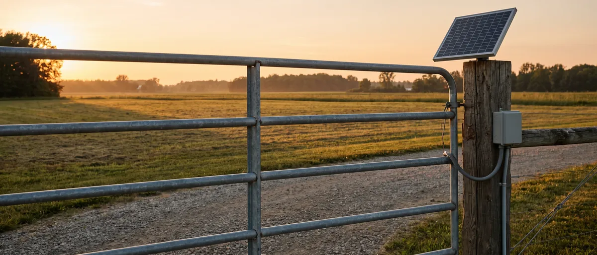 Small solar panel mounted on a weathered wooden post above a galvanized farm style tube gate across a gravel drive at golden hour in open Michigan farmland