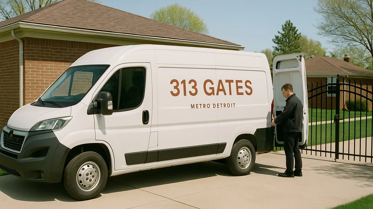 313 Gates branded service van parked in a Metro Detroit driveway beside a technician organizing equipment
