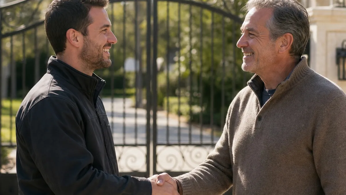 Technician and homeowner shaking hands in front of a newly finished driveway gate in daylight