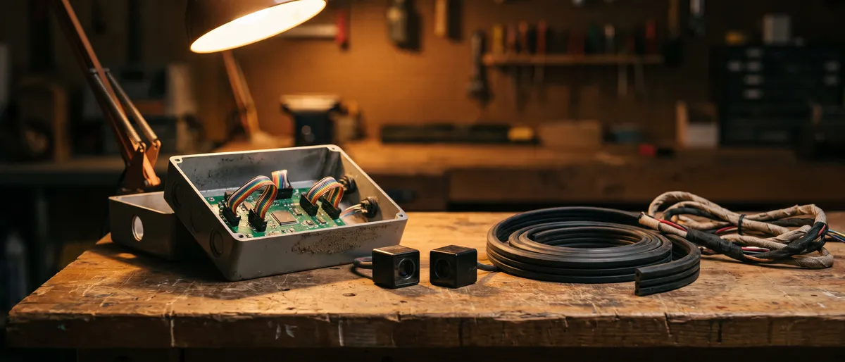 Gate operator control board in an open enclosure on a workbench beside paired photo eye sensors and a coiled rubber safety edge under a warm lamp