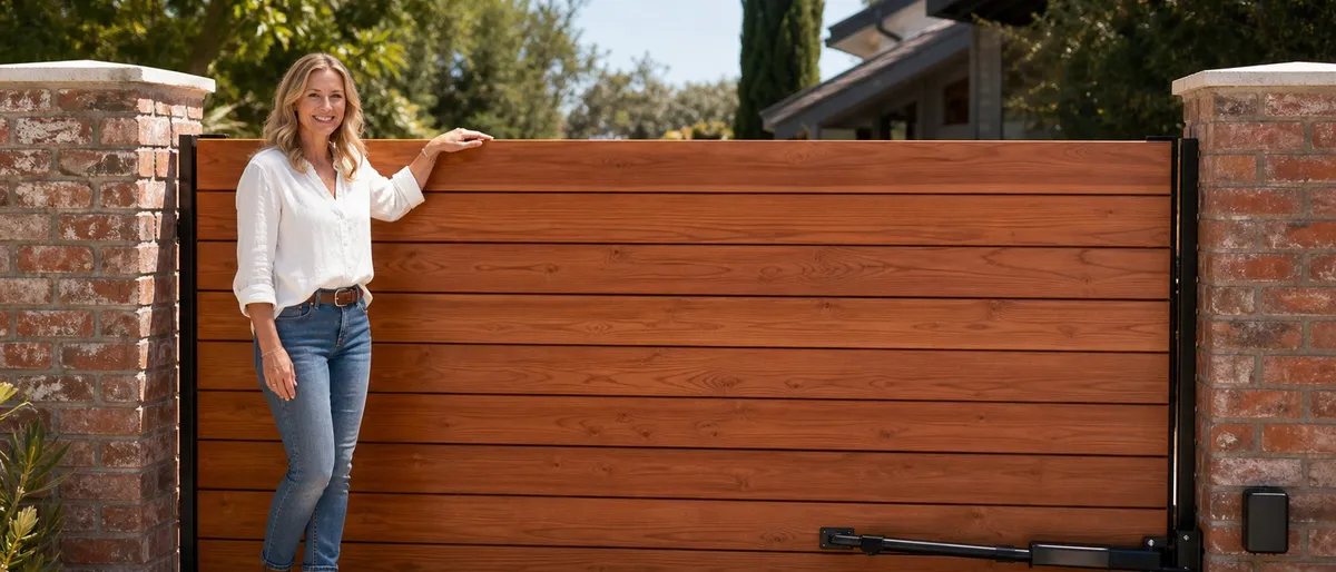 Homeowner beside a finished cedar plank driveway gate between brick pillars in bright daylight