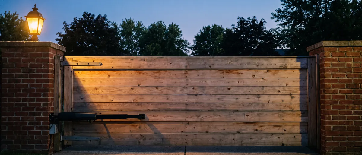 Horizontal cedar plank driveway gate between brick pillars at dusk with a black automatic opener arm at its lower rail and a glowing carriage lamp